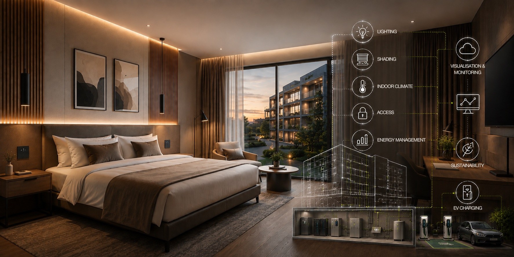 Modern hotel room with integrated building technology: lighting, shading, indoor climate, access, energy management, visualisation and charging infrastructure